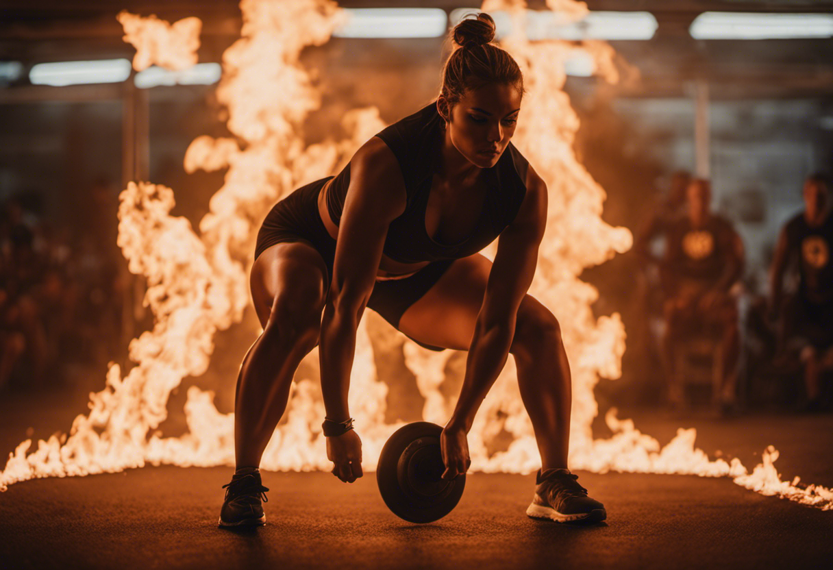 An image showcasing a person in athletic attire, performing squats with proper form, surrounded by flames symbolizing fat burning