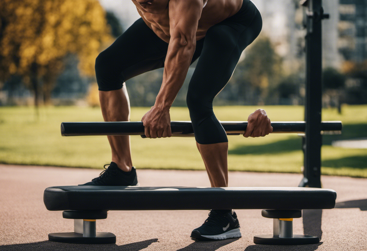 An image capturing a person performing a Bulgarian Split Squat: a person standing with one foot forward, knee bent, back leg elevated on a bench, while holding dumbbells in both hands