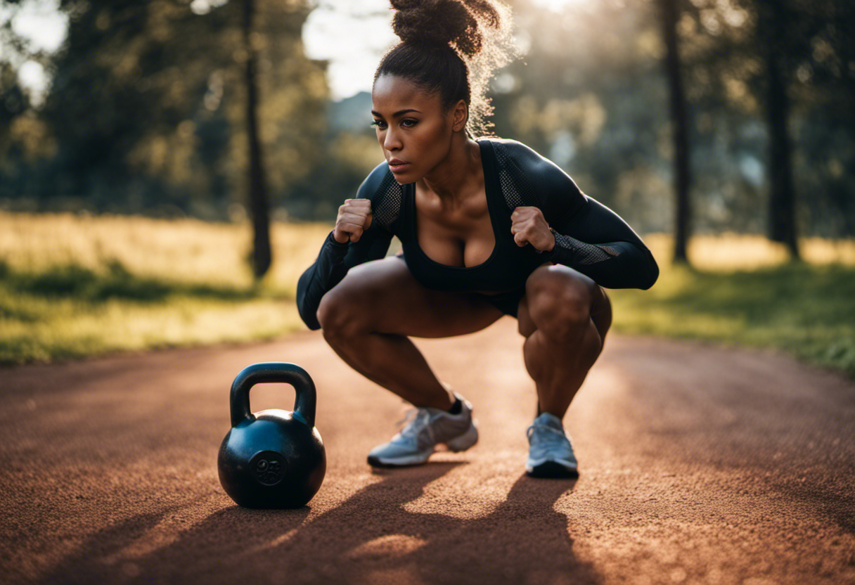 An image showcasing a person performing a goblet squat: a woman with a focused expression, feet shoulder-width apart, holding a kettlebell in front of her chest, thighs parallel to the ground