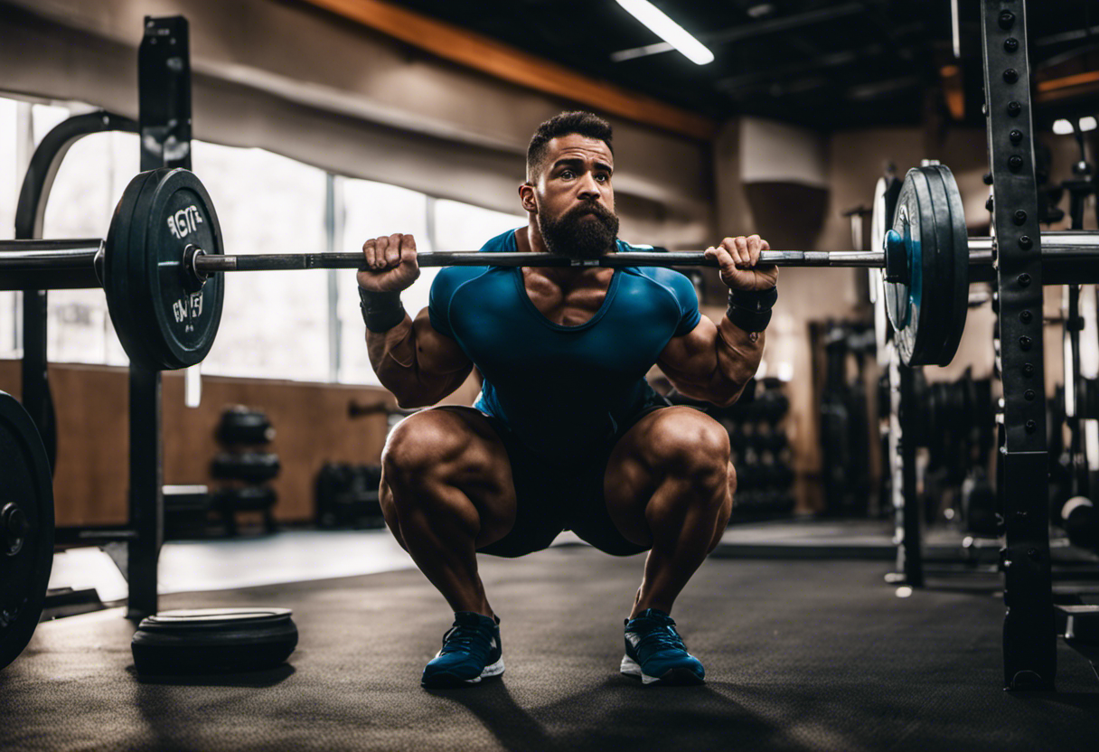 An image capturing a weightlifter in a deep squat position, pausing at the lowest point of the lift